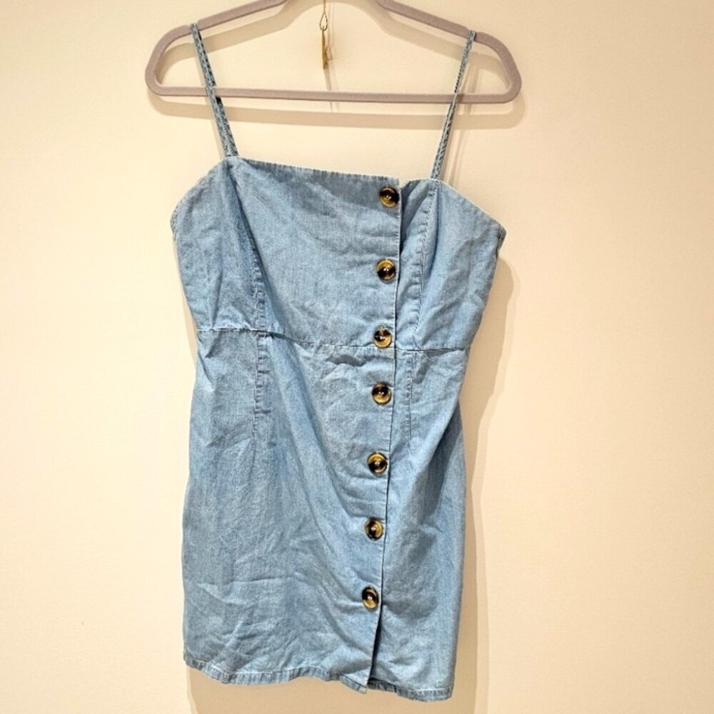 SOLD NWOT Topshop Asymmetric Button Denim Look Mini Dress 8P Blue - Picture 4 of 11